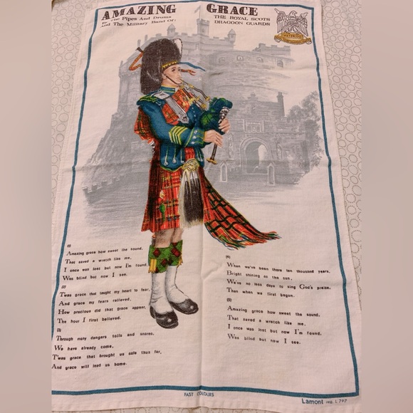 Vtg Lamont Irish linen tea towel, Amazing Grace, Royal Scots Dragoon Guards - Picture 1 of 6